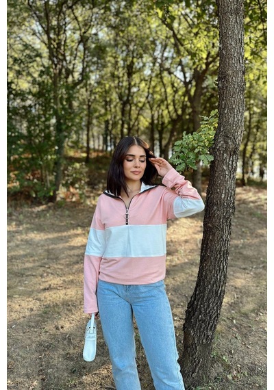 WeShaya Kadın Pembe Uzun Kol, Dik Yaka, Fermuarlı, Double Color Block Basic Sweatshirt Bluz Pembe
