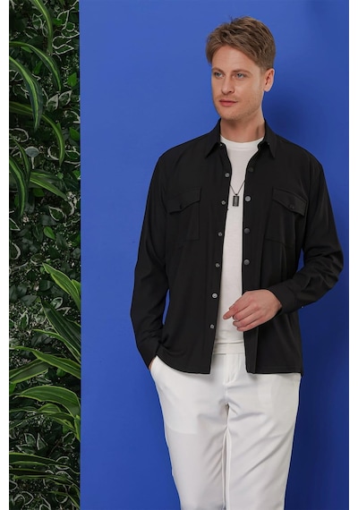 Efor G 1552 Slim Fit Siyah Klasik Gömlek Siyah