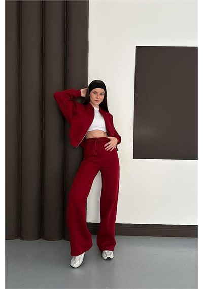 Neşeli Butik Kadın Fermuarlı 3 İplik Eşofman Takımı Nbesf01 Bordo