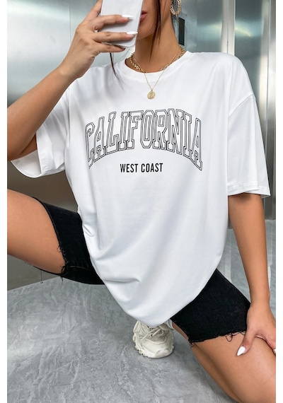 Unisex California West Coast Baskılı Tasarım Tshirt Beyaz