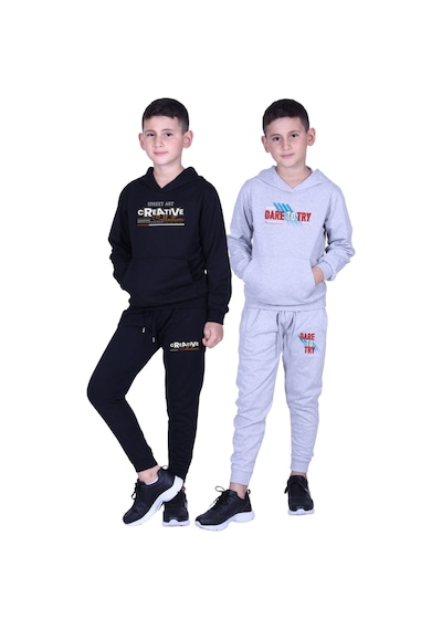 Fyk Kids Erkek Çocuk Baskılı Kanguru Cepli Kapüşonlu 2li Eşofman Takımı Siyah - Gri