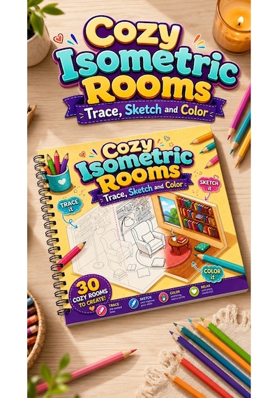 Cozy Isometric Rooms Boyama Kitabı Trace Sketch Color 30 Görsel 20x20 Cm