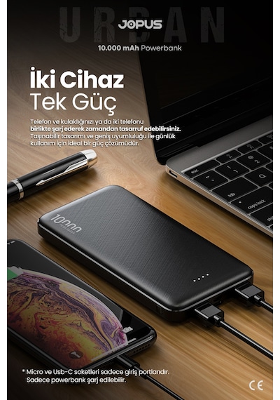 Jopus 10000mah Powerbank - Led Işık Göstergeli - Taşınabilir Şarj Cihazı Siyah