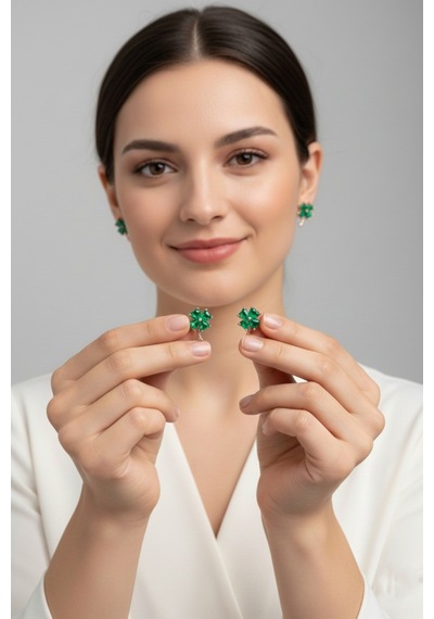 Çekirdekjewelry 925 Ayar Gümüş Zümrüt Taşlı Yonca Küpe Rose