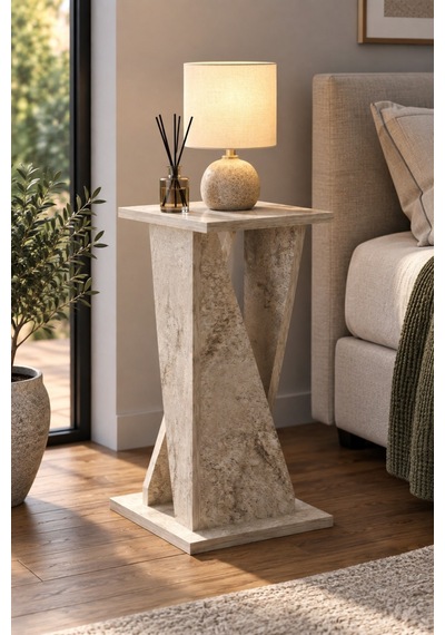 Sulorahome Modern Mermer Desenli Yan Sehpa 30x30x60 Cm