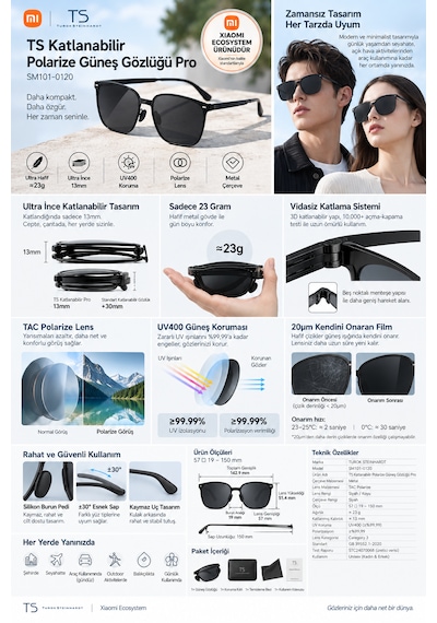 Xiaomi Ts Katlanır Polarize Güneş Gözlüğü Pro 13mm Ultra İnce 23g Tac Uv400 Metal Siyah Unisex Sm101-0120