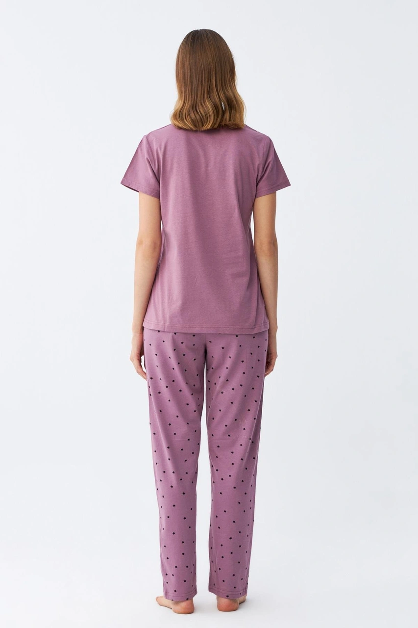 Akbeniz Kadın Mor Yıldız Desenli Penye Kısa Kol Pijama Takımı Mor