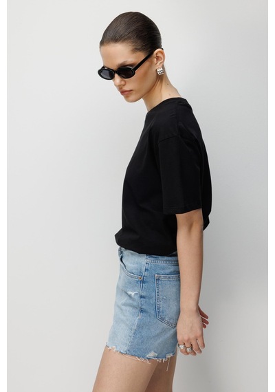 Mixray 4851 Kadın Oversize Fit Bisiklet Yaka Basic T-shirt Siyah Siyah