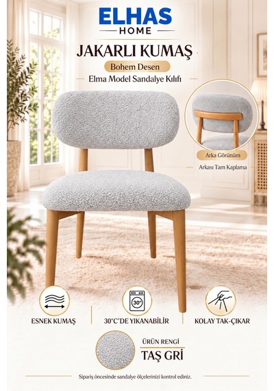 Jakarlı Kumaş Bohem Desen Tam Kaplama Elma Model Sandalye Kılıfı 2 Parça 1 Adet Taş Gri - 937448492 Taş Gri