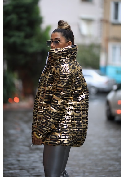 Keyifli Moda Kadın Gold Dik Yaka Uzun Parlak Şişme Mont