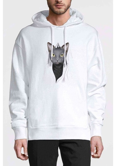 Cat Inside Baskılı Beyaz Erkek Örme Kapşonlu Sweatshirt