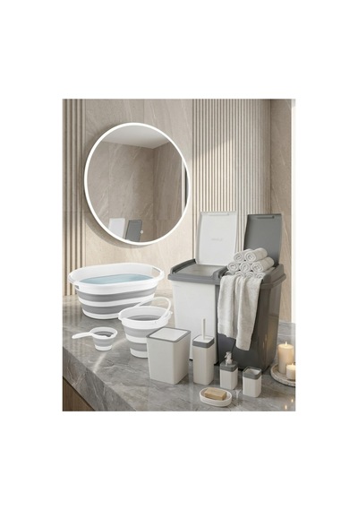 3 Lü Harika Banyo Seti 90 Lt Çamaşır Sepeti + 5 Li Banyo Seti + Katlanır Üçlü Set Gri Beyaz Gri - 885850700 Gri