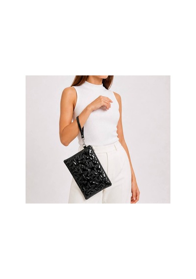 Wikidays.s Moda Trendi Kadın Orta Boy Yıldız Desenli El Çantası - Parlak Dokulu Bilek Askılı Portföy Clutch Siyah