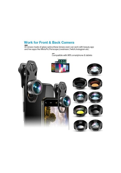 Apexel 11'i 1 Arada Cep Telefonu iPhone Uyumlu & Android İçin Akıllı Telefon Lens Kiti Siyah
