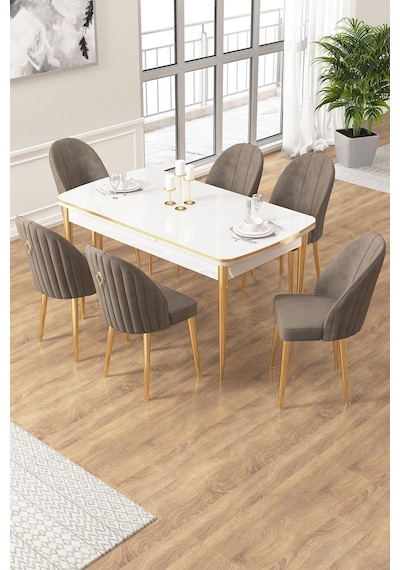 Canisa Edaf Serisi 80x132 Açılabilir Beyaz Mutfak Masa Takımı 6 Cappucino Sandalye Gold Detay Masa Beyaz Sandalye Antrasit Ayak Gold Canisa Edaf Serisi 80x132 Açılabilir Beyaz Mutfak Masa Takımı 6 Cappucino Sandalye Gold Detay Masa Beyaz Sandalye Antrasit Ayak Gold