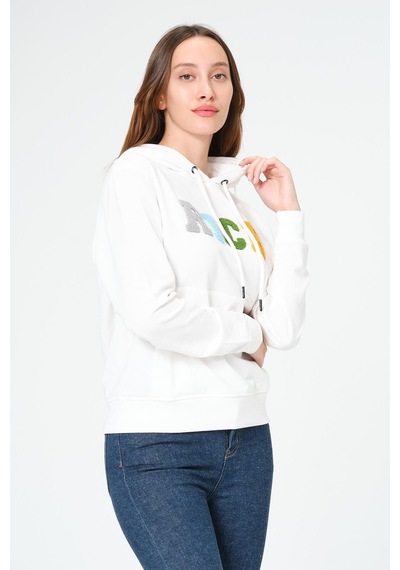 Kadın Kapüşonlu Süzüne Baskılı Sweatshirt Beyaz
