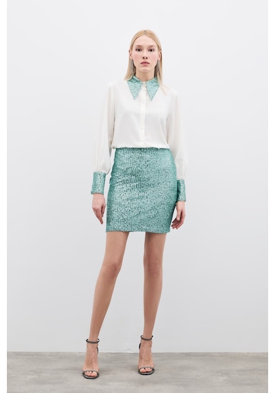 Sateen Payetli Mini Etek - Mint-135368 Mint