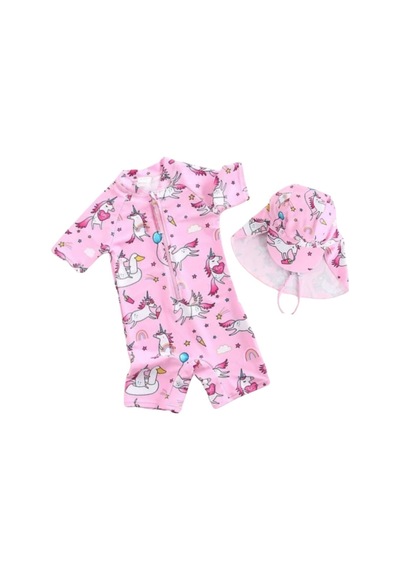 Upf50+ Pembe Unicorn Mavi Balon Desenli Kız Çocuk Şapka Mayo Set Pembe