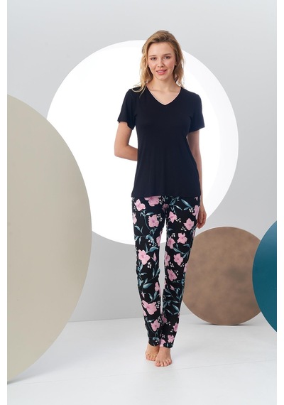 Pjs 24168 Kadın Kısa Kollu V Yaka Desenli Pijama Takım 001