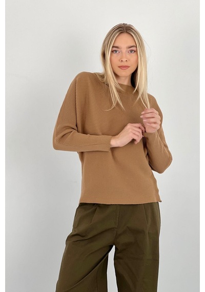 Miss Poem Kadın Geniş Yaka Kışlık Fitilli Uzun Basic Camel Triko Kazak Camel