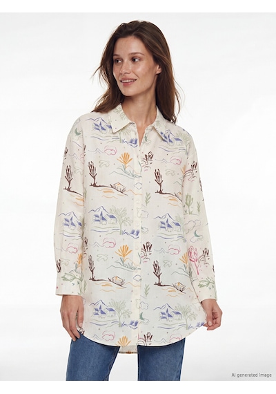 Lcw Modest Ekru Desenli Oversize Kadın Gömlek Tunik