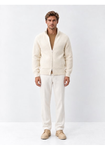 Xint Ekru Regular Fit Dik Yaka Yünlü Hırka 801733