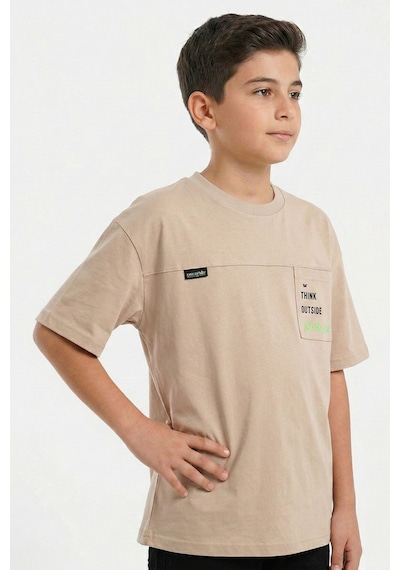 New Kids Think Outside Baskılı Pamuk Erkek Çocuk Tişört-91111 Bej