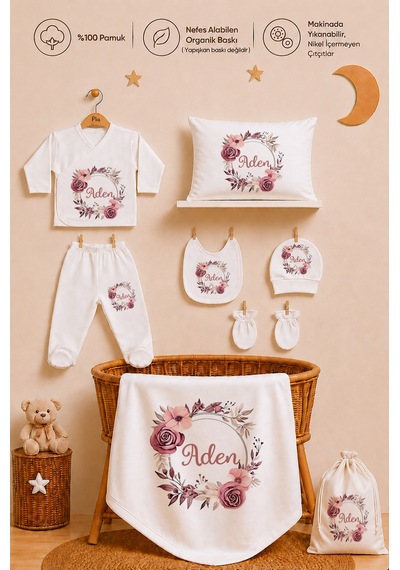 Pia Baby Kız Bebek Hastane Çıkışı 12 Parça %100 Pamuk İsme Özel Organik Baskılı Kese Hediyeli 100611k0x Ekru