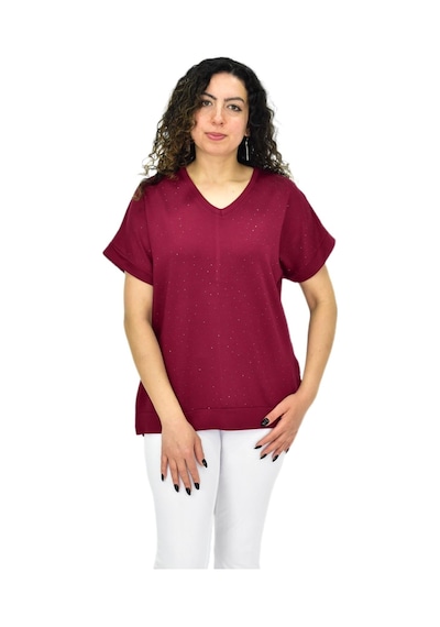 Kadın Yarım Kol V Yaka Taşlı Likralı Tişöt Bgl-st04653 Bordo