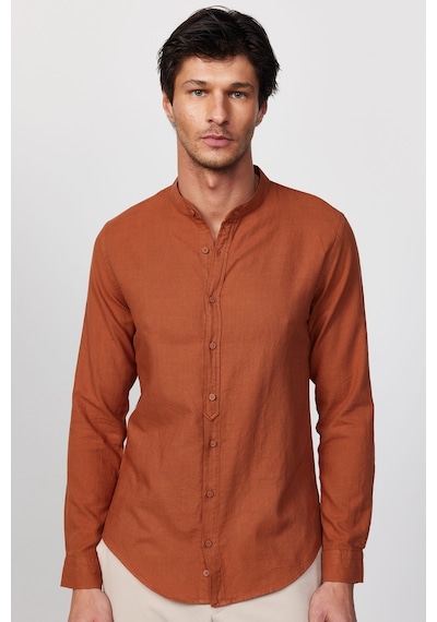 Tudors Slim Fit Dar Kalıp Uzun Kol Hakim Yaka Pamuklu Keten Efekt Kiremit Gömlek-28837-kiremit Kiremit