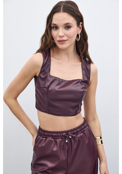 Sateen Kare Yaka Deri Crop - Bordo-135670 Bordo