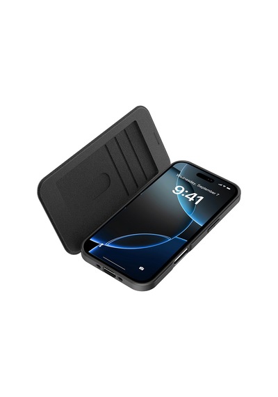 Apple Uyumlu iPhone 17 Air Kılıf M-safe Şarjlı Raptic Air Folio Şeffaf Kartlıklı Kapaklı Kılıf Siyah
