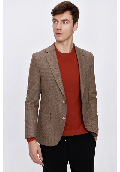 MORVEN  Erkek Kahverengi Yünlü Pitikareli Dokuma Slim Fit Dar Kes Kahverengi