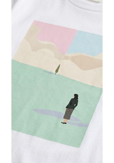 Kadın Oversize Baskılı Minimal Sanat Desenli Beyaz Tişört