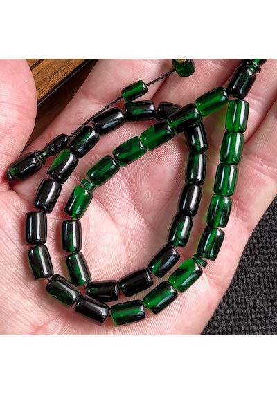 İmzalı 7X11 mm Yeşil Siyah Ateşi Kehribar Tesbih Usta İşçilikli