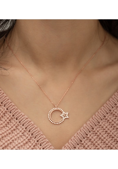 925 Ayar Zirkon Taşlı Ayyıldız Kadın Gümüş Kolye Rose Gold