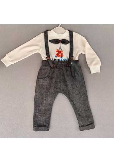 Alfa Expres 9-12-18 Ay Papyonlu Sweat Kot Pantolon 2li Erkek Bebek Salopet Takımı Gri Gri