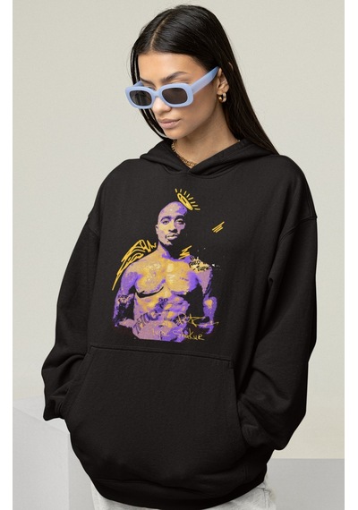 Sevbano Tasarım Tupac Rapper Baskılı Unisex Oversize 2pac Şarkıcı Hoodie Siyah