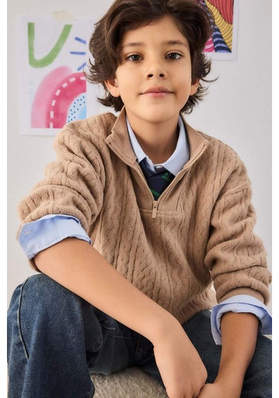Defacto Erkek Çocuk Yarım Fermuarlı İçi Yumuşak Tüylü Sweatshirt G3674a825cwbg75 Bej-bg75