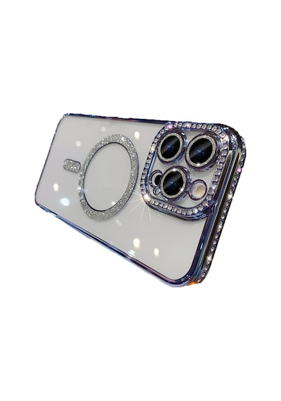 Apple Uyumlu iPhone  15 Pro Kılıf Simli Magsafe Kamera Kenar Taşlı Kapak