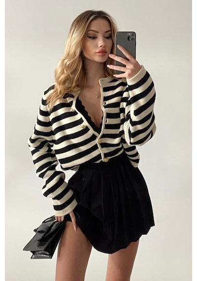 Madmext Bej Çizgili Bisiklet Yaka Gold Düğme Detaylı Cotton Hırka Mg1605 Bej