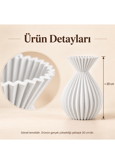 Çizgili Dekoratif Vazo 20 Cm Ahenk Serisi Modern Kuru Çiçeklik Beyaz