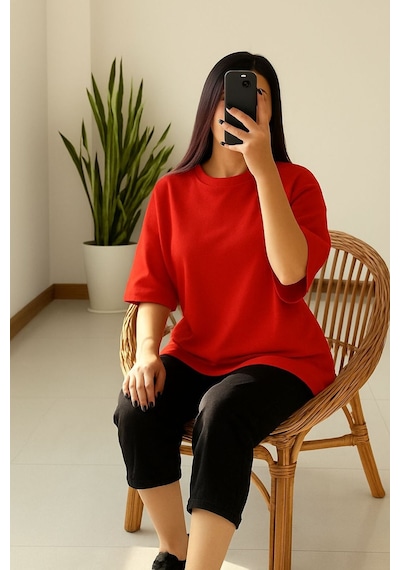 Düz Oversize Unisex Tişört Yb6 Kirmizi