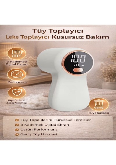 Dijital Ekranlı Şarjlı Tüy Toplayıcı 3 Kademeli Güçlü Tüy Temizleme Cihazı Beyaz