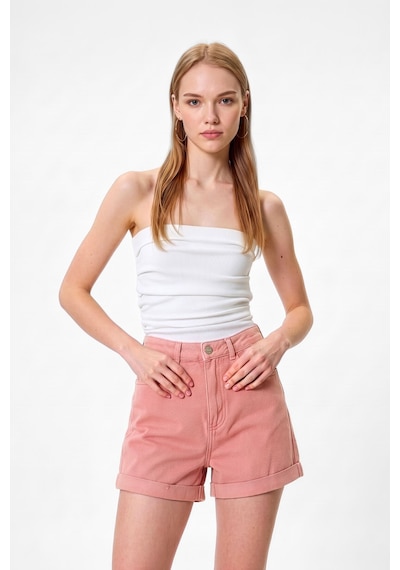 Blue White Kadın Yüksek Bel Paçası Katlı Pembe Mom Jean Şort