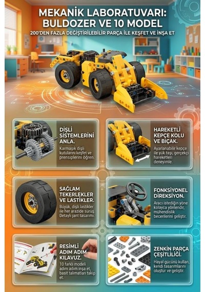 Lisanslı Clemento-ni Mekanik Laboratuvarı Dozer Ve 10 Farklı Model 200+ Parça Yapı Oyuncak Seti