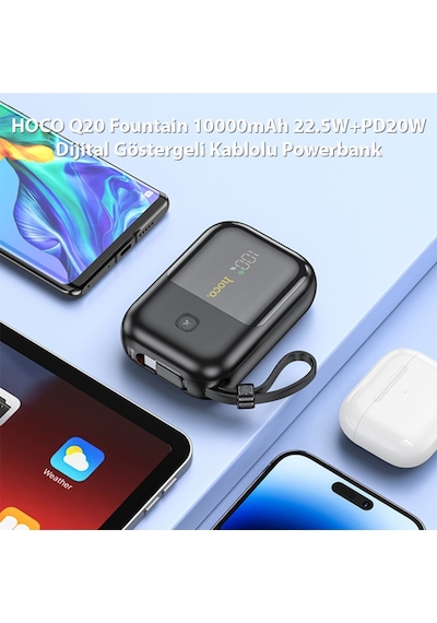Hoco Q20 Fountain 10000mah 22.5w+pd20w Dijital Göstergeli Kablolu Powerbank Siyah Siyah