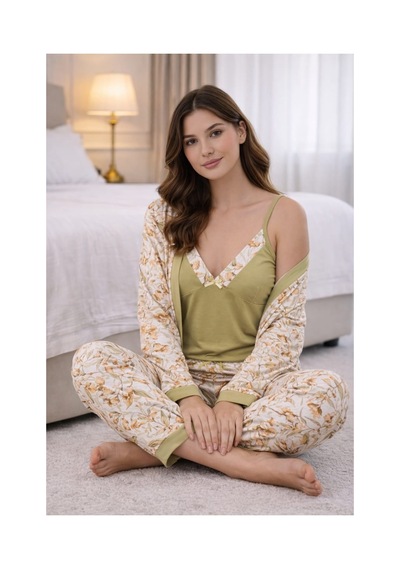 Pemilo Kadın 3243 3'lü Viscon Sabahlık Pijama Takımı Ekru-zambak