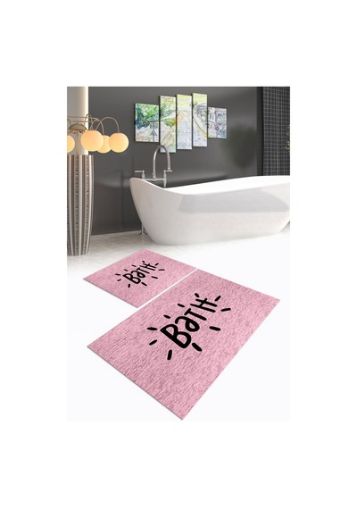 Buççin Online Mağaza Dijital Baskılı Kaymaz Yıkanabilir Bath İkili Banyo Takımı Klozet Takımı Polyester Pembe Çok Renkli