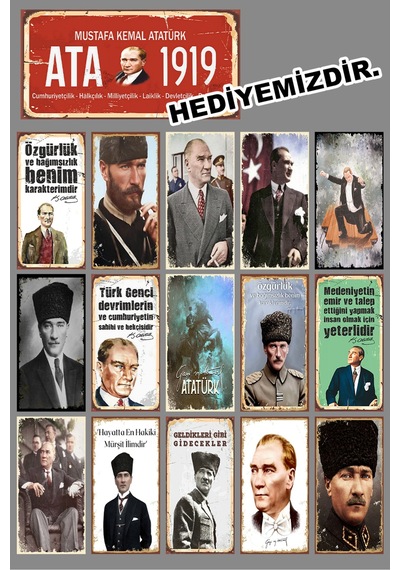 Atatürk Görselli Mini Retro Ahşap Poster Seti 15'li Set 1 Poster Hediye - 703276981